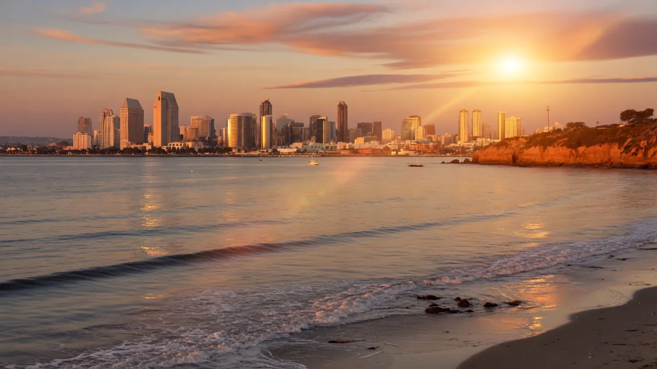 The San Diego coastline at golden hour, calm surf in the foreground and the skyline lit with warm amber light