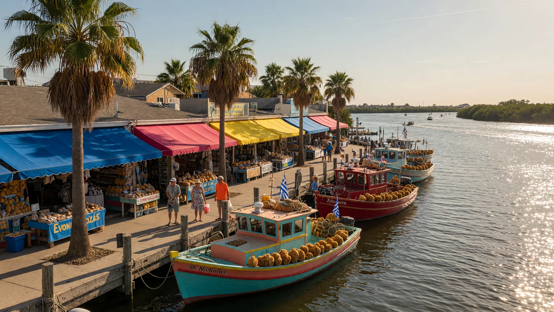 Colorful Greek sponge boats moored along the historic Sponge Docks in Tarpon Springs at golden hour