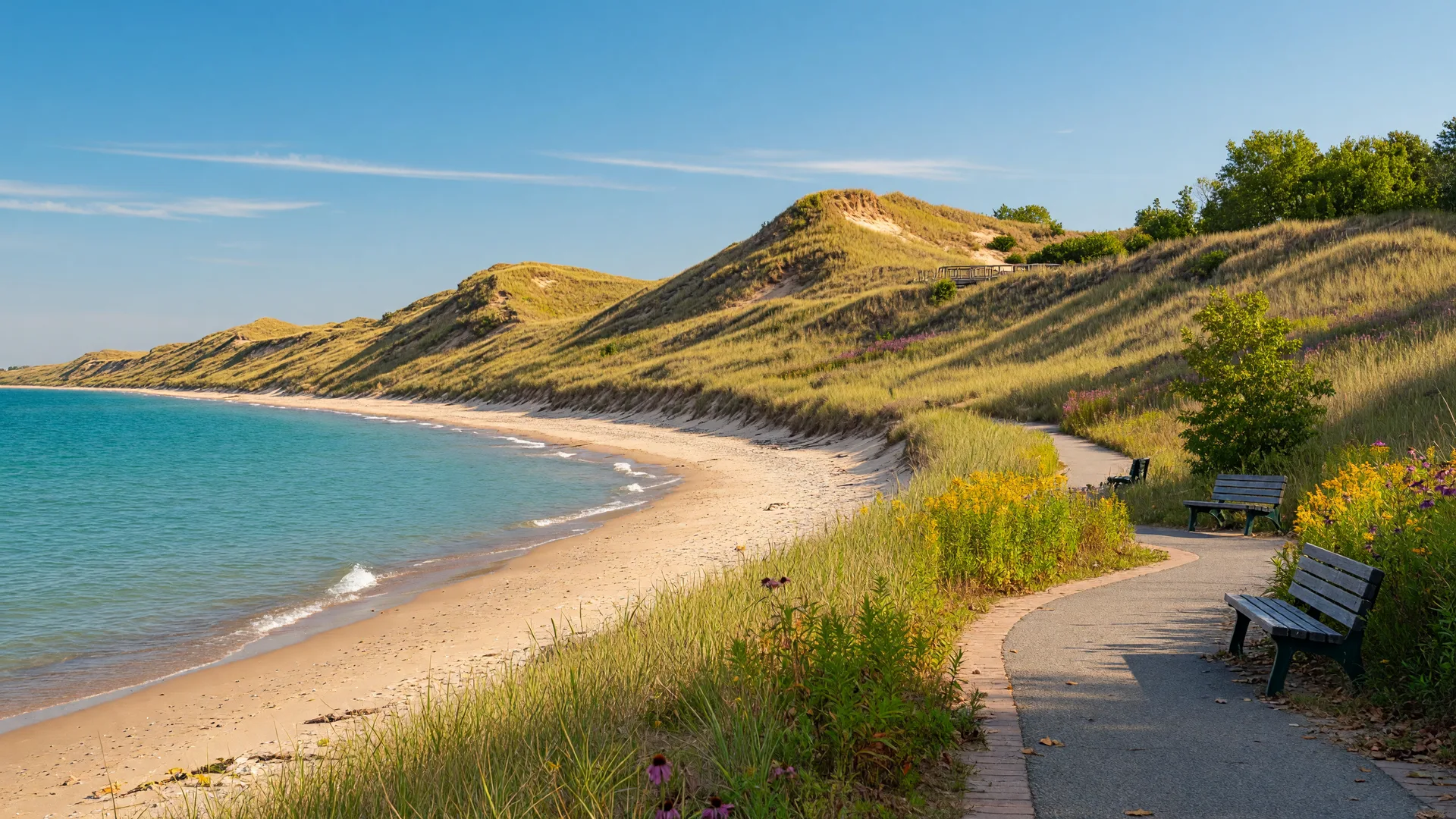 A scenic view of the Indiana Dunes along Lake Michigan on a sunny day with sandy beaches, rolling dunes, and walking trails