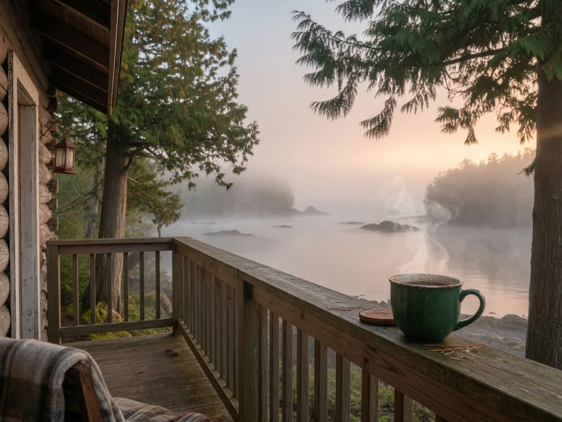 A cozy cabin porch with a steaming mug overlooking a misty coastal inlet surrounded by tall cedars