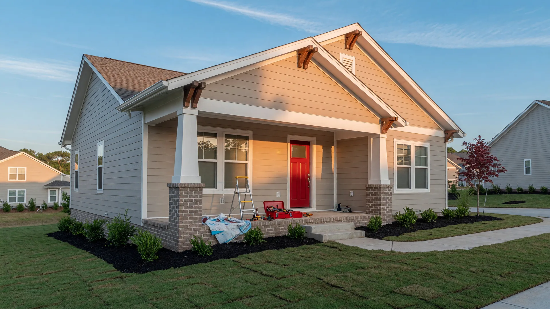 A brand-new craftsman-style home in a Metro Atlanta subdivision on a bright morning, with a step stool and toolbox by the front door for first-year maintenance