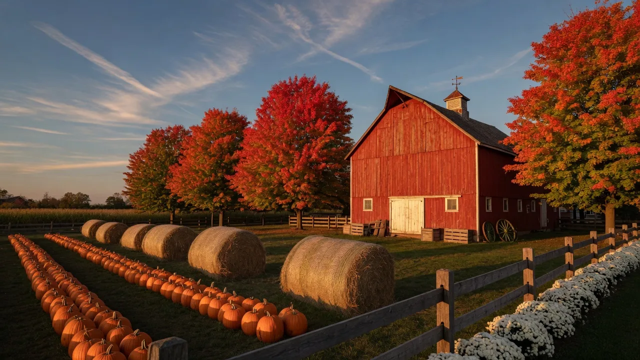 An Ohio farm at golden hour with rows of pumpkins and hay bales leading to a red barn, autumn maples turning color