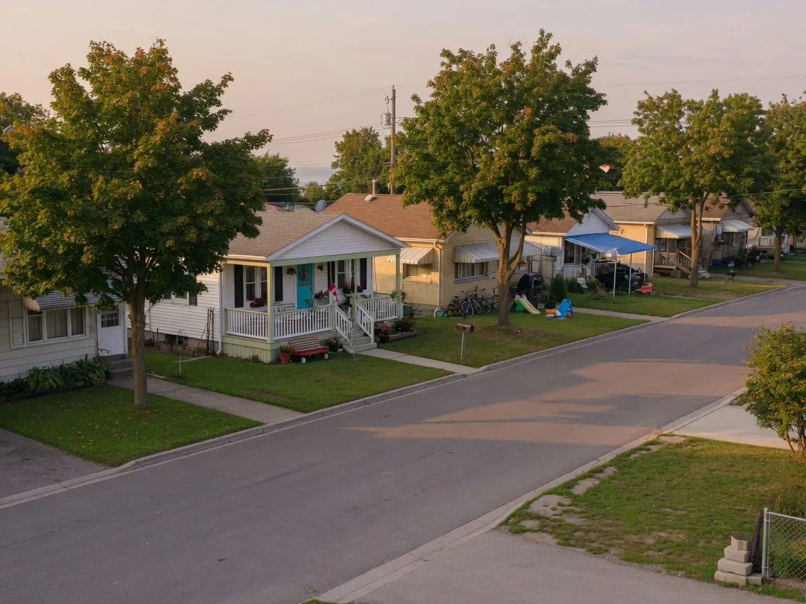 Quiet street of post-war bungalows with mature trees in south Oshawa near the lake
