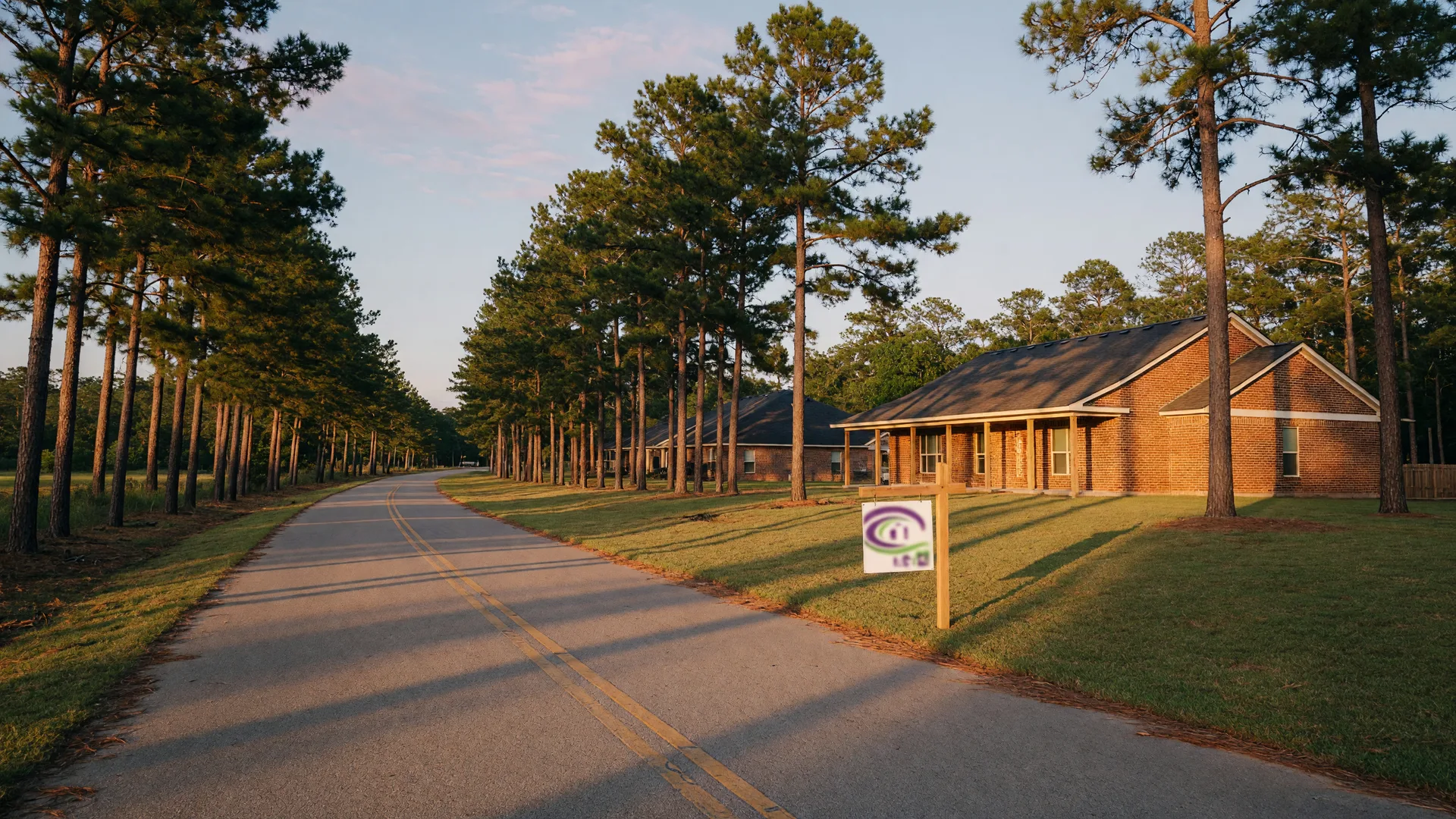 A quiet country road in the Northeast Houston area lined with tall pine trees, with a new single-story brick home and a wooden real estate sign beside it at golden hour
