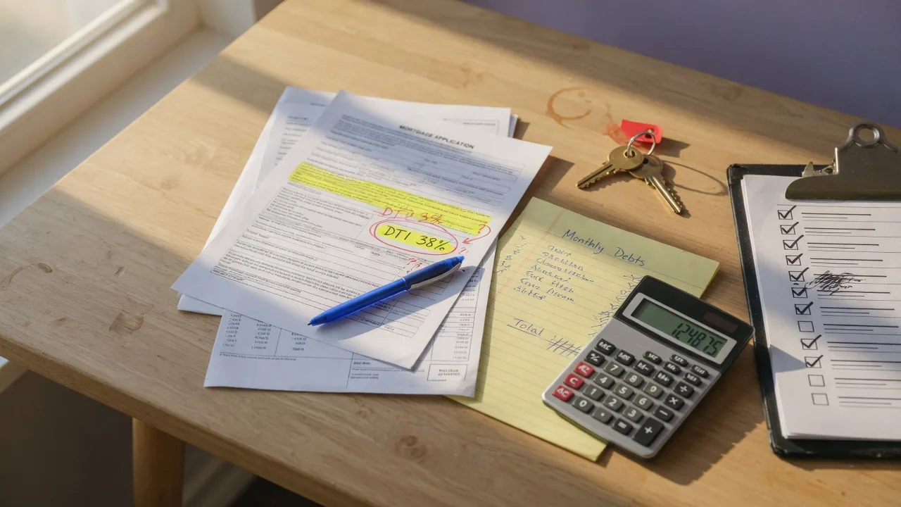 A first-time homebuyer's planning desk with a mortgage form showing a highlighted debt-to-income calculation, a bank statement, a handwritten debt list, a calculator, a pen, and a brass house key in warm morning light