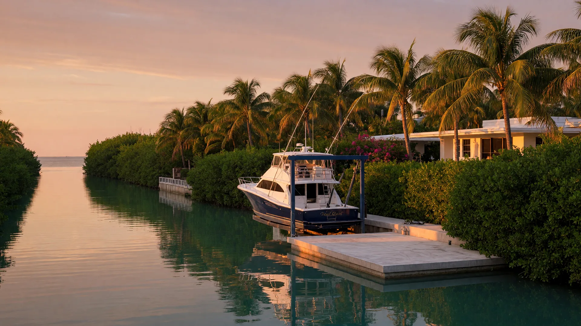 A secluded dead-end canal in the Florida Keys at golden hour, a luxury waterfront estate almost hidden behind tall tropical hedges and mature palms, a private concrete dock with a boat lift and a single sportfishing yacht on glassy turquoise water