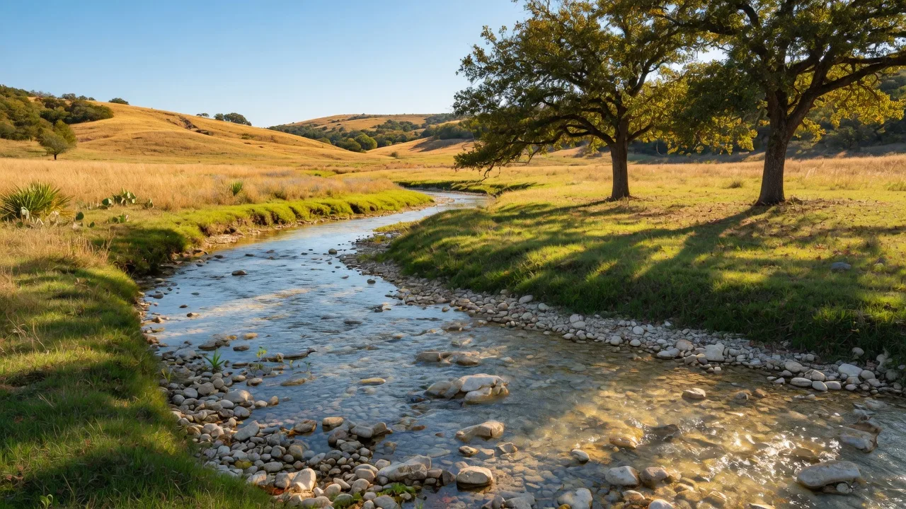 Clear shallow creek winding through a golden Hill Country meadow near Woodcreek in Wimberley Texas
