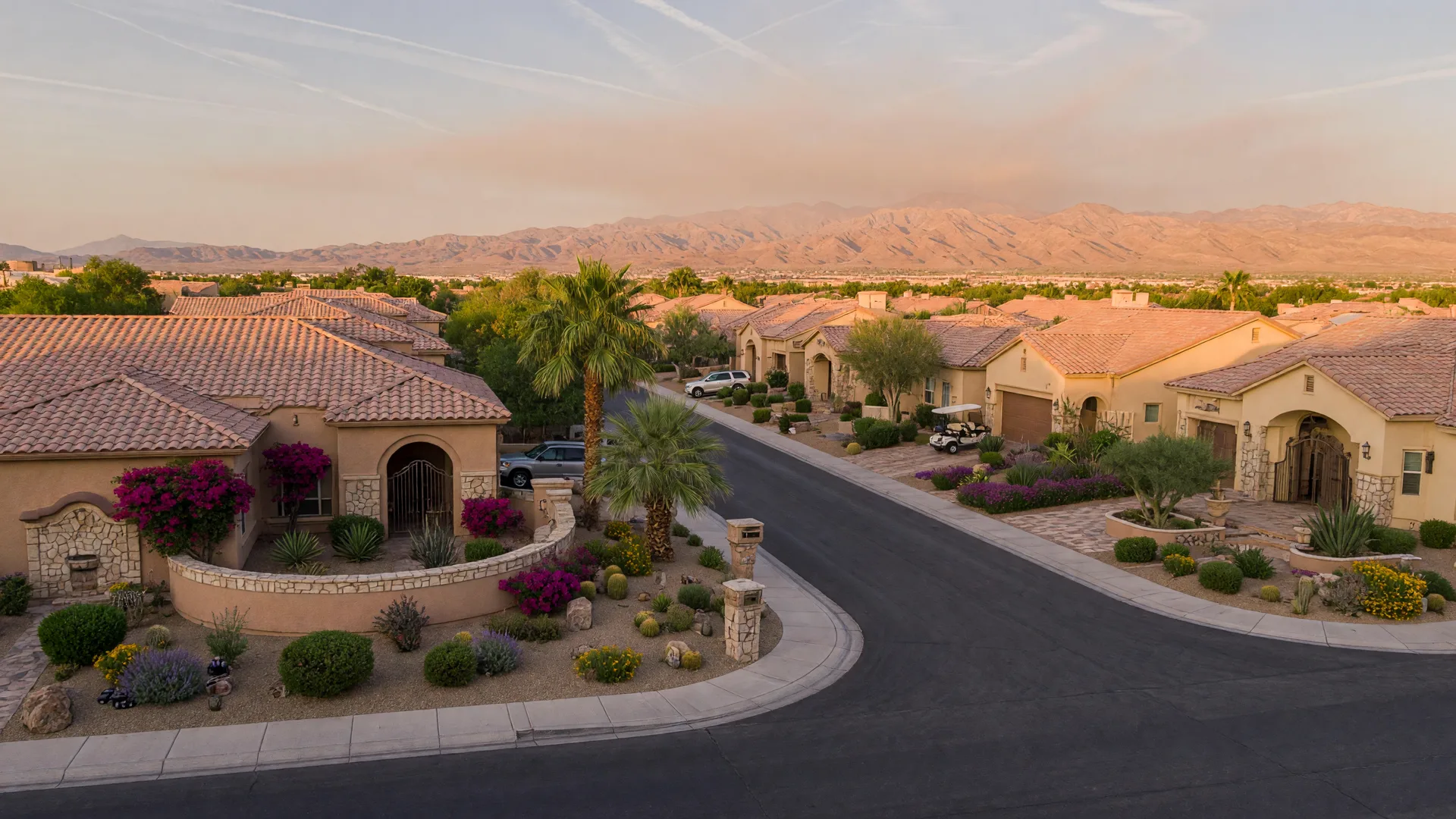 Upscale single-story courtyard-style homes with tile roofs and desert landscaping in a Las Vegas master-planned neighborhood at late afternoon