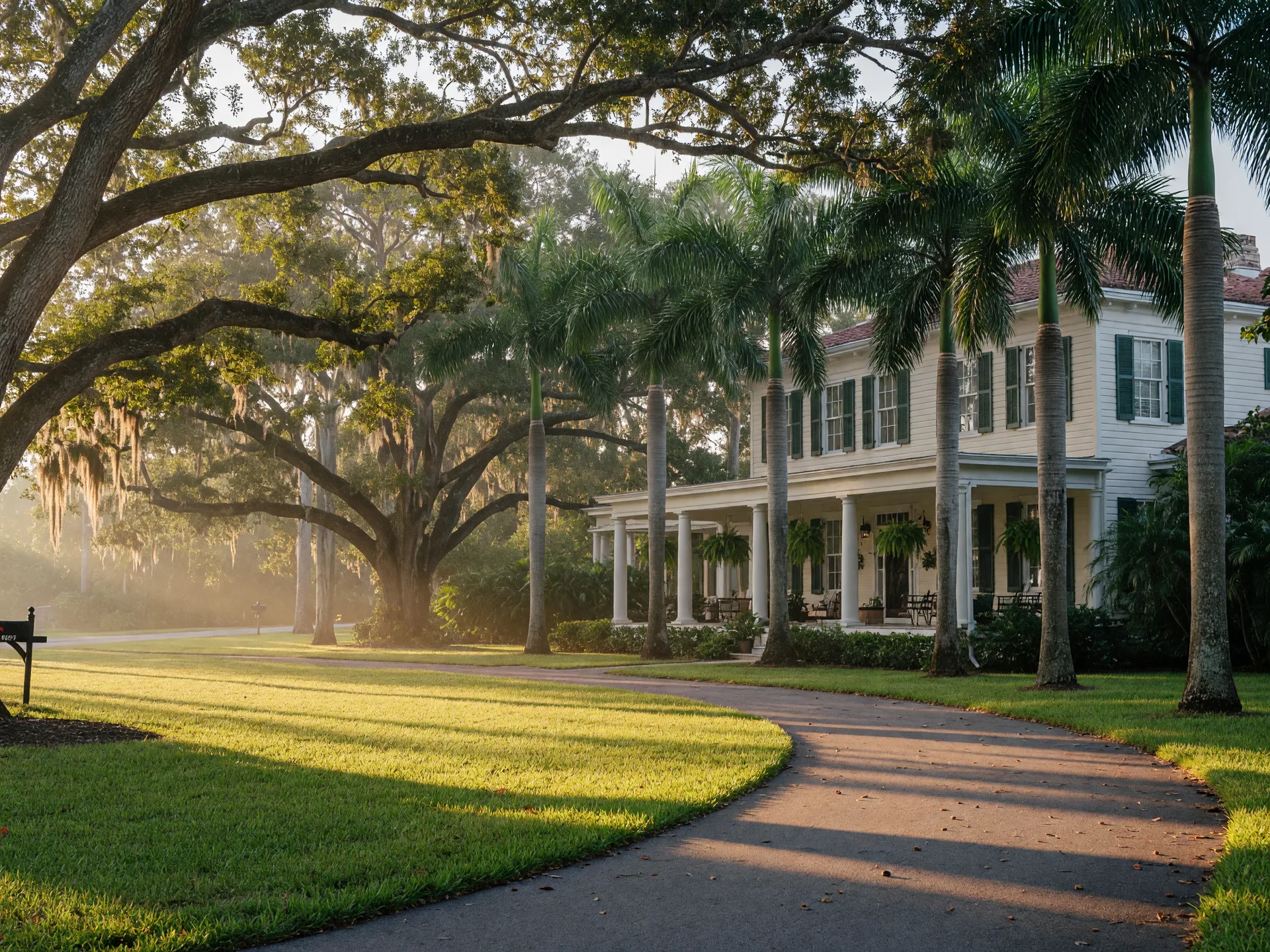 Classic Fort Myers home on McGregor Boulevard with a wraparound porch, framed by royal palms and moss-draped live oaks in warm morning light