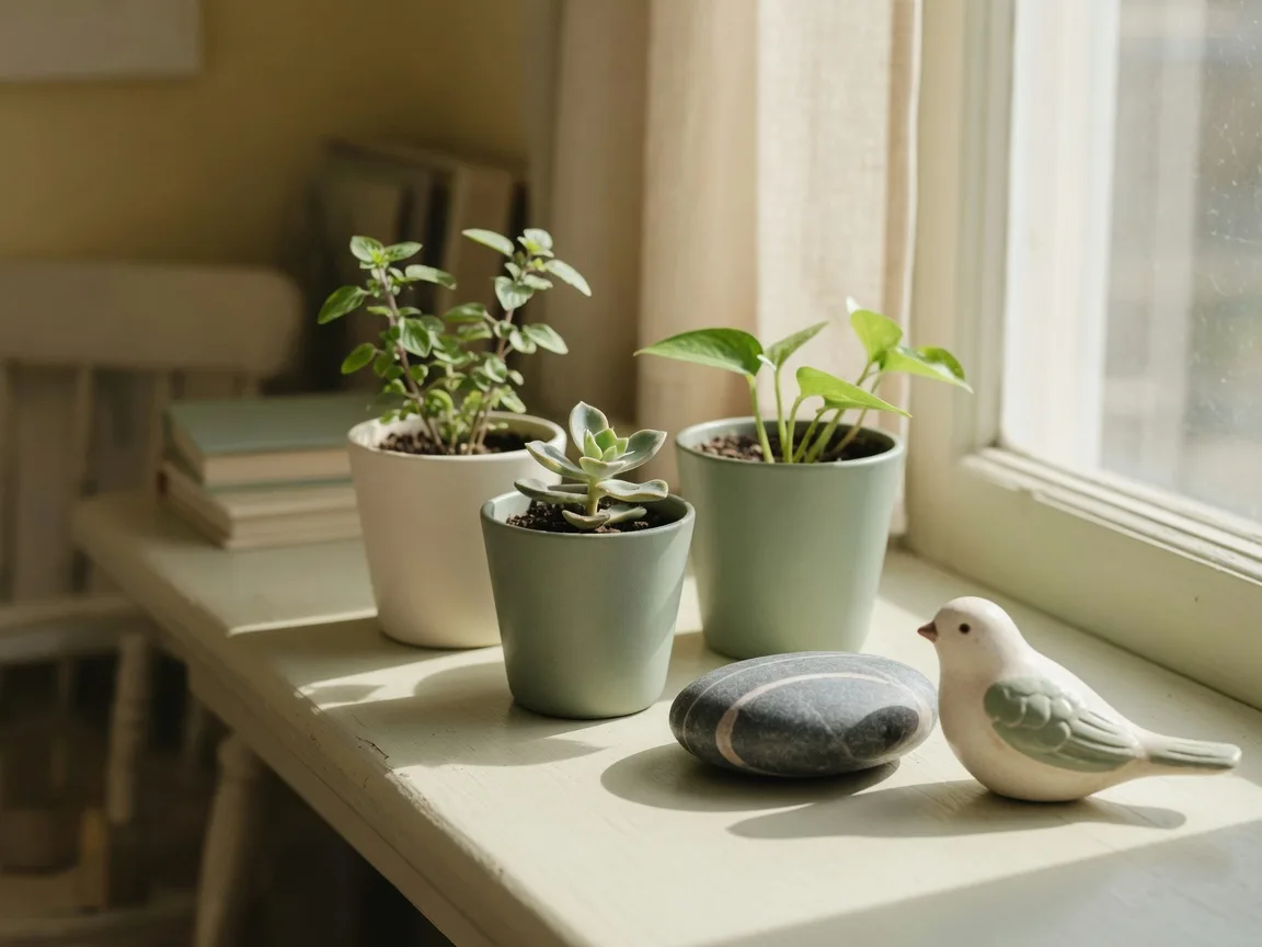 Small potted plants on a sunlit windowsill with a smooth river stone, evoking gentle nurturing and growth
