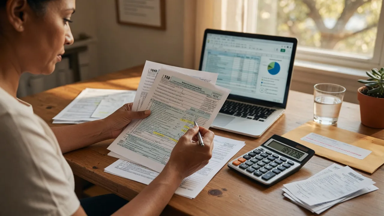 A person reviewing financial documents and tax forms at a desk