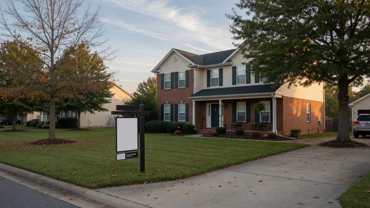 Triangle-area suburban home on a crisp early-autumn morning with a for-sale sign in the yard, the quiet wait for the right buyer in a balanced 2026 market