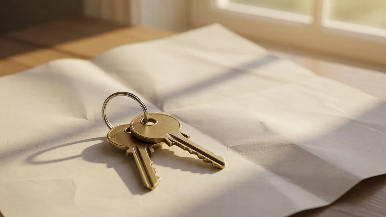 Two brass house keys joined on a single steel key ring resting on a folded paper sheet in warm afternoon window light, representing one family's two home purchases