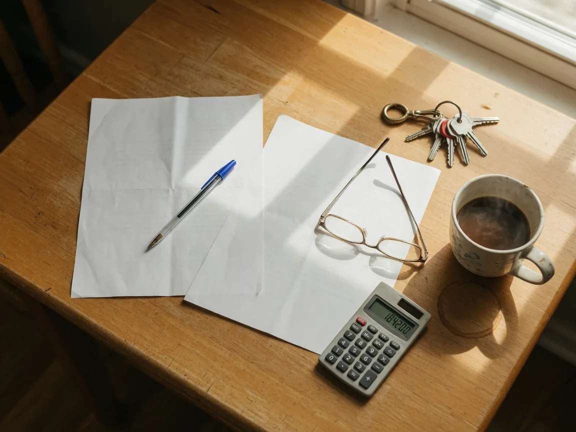 Two offer documents being compared on a kitchen table with a pen, reading glasses, calculator, coffee, and house keys