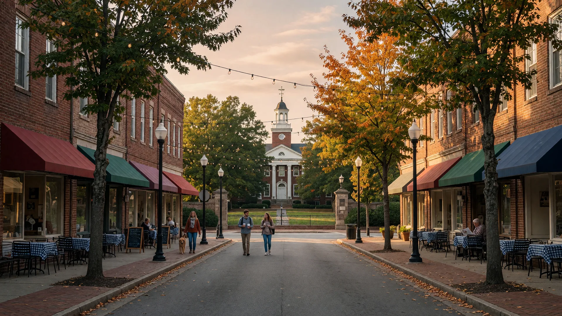 Main Street in Davidson, North Carolina with brick storefronts and autumn trees