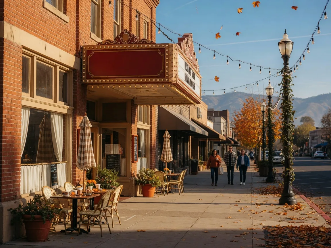 The restored historic theatre and brunch venue at The Mainzer on West Main Street in downtown Merced on a sunny November afternoon, vintage marquee and brick storefront glowing with warm light, cafe tables on the wide sidewalk, autumn trees dropping amber leaves, and the hazy Sierra Nevada foothills on the horizon