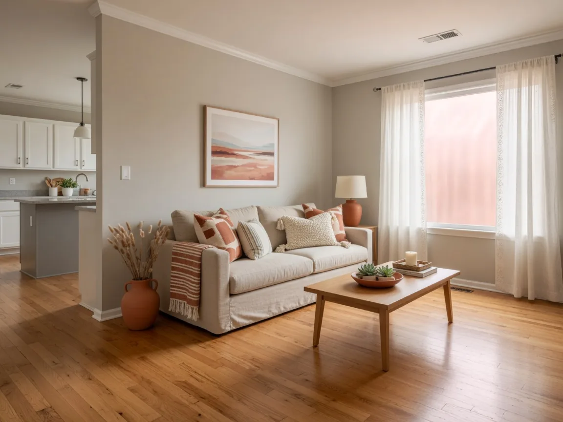 Bright, freshly staged open-concept living room with warm oak floors and large windows in an Oklahoma home