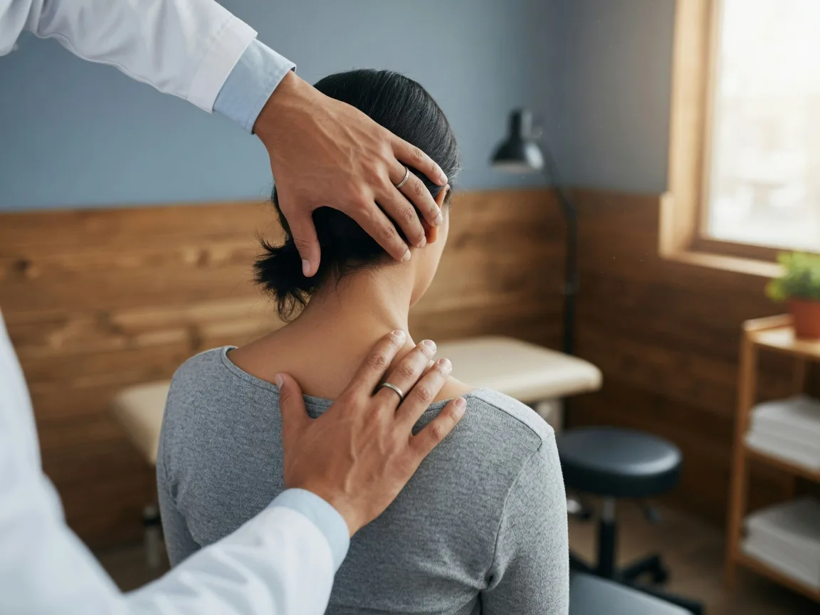 Hands on a patient's neck during a chiropractic exam