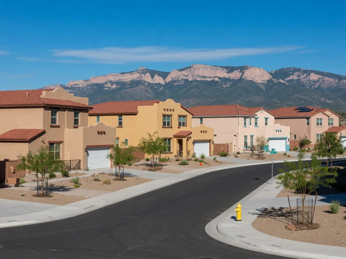 A sunny new-construction street in Rio Rancho with southwestern-style stucco homes, young trees, and the Sandia Mountains in the distance