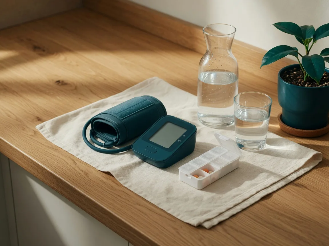 Blood pressure monitor and wellness essentials arranged on a warm oak counter