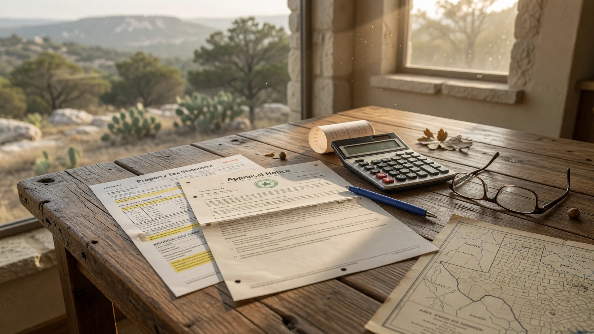A Texas property tax appraisal notice and tax statement on a rustic Hill Country kitchen table beside a calculator, pen, and reading glasses in warm morning light