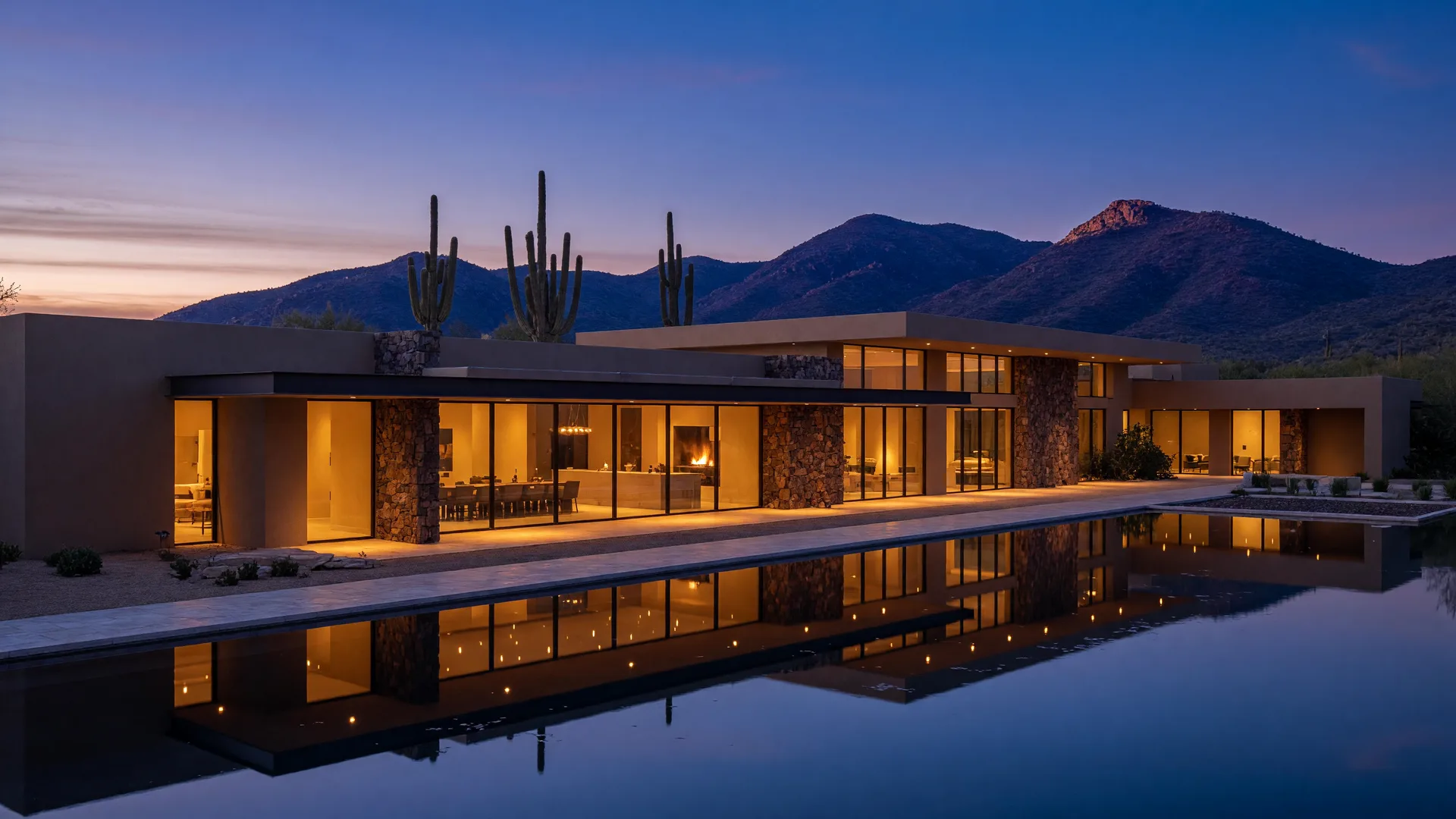 A modern Scottsdale desert estate at dusk with warm interior light glowing beside a reflecting pool and mountain foothills