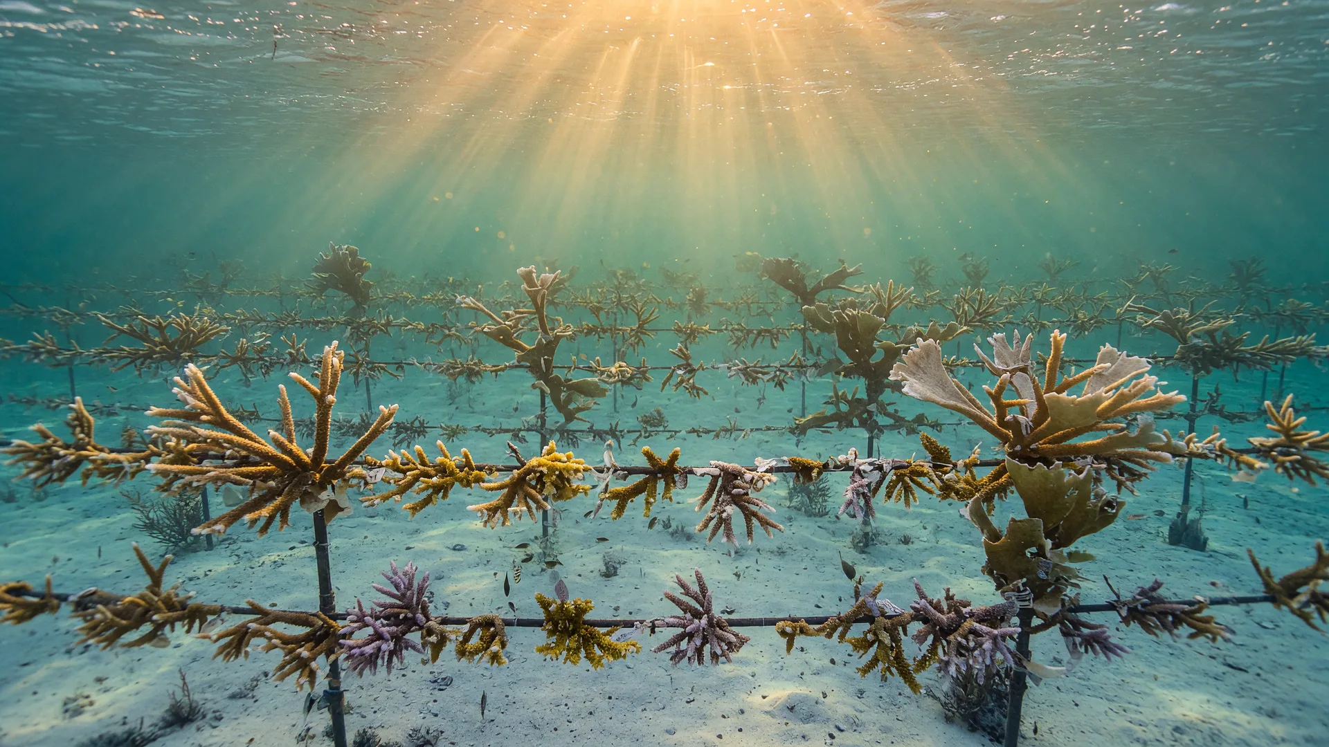 Rows of coral nursery trees with branching staghorn and elkhorn corals growing in crystal-clear turquoise water in the Florida Keys, golden-hour shafts of sunlight streaming down through the water column onto a sandy seafloor, a community-led reef restoration project