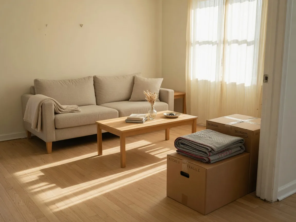A sunlit, decluttered living room with two packed moving boxes by the door