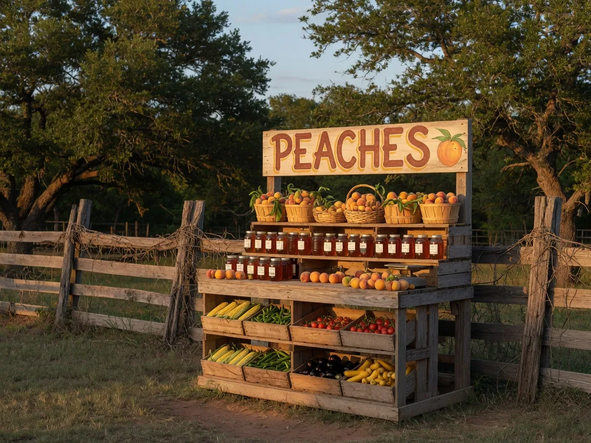 Rustic Texas Hill Country farm stand with wooden shelves full of fresh peaches, jars of honey, and seasonal vegetables under a hand-painted PEACHES sign