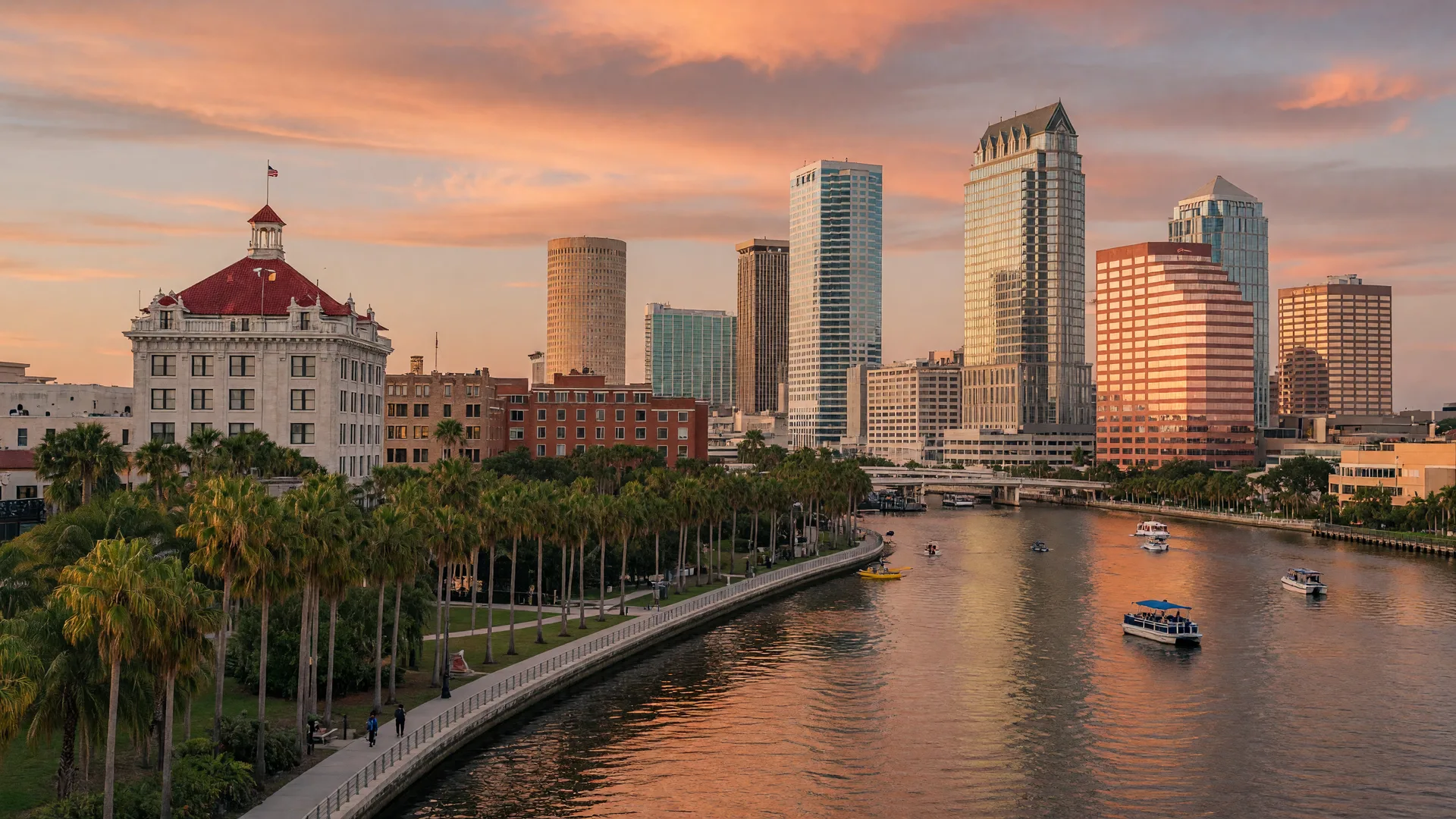 Downtown Tampa skyline at golden hour across the Hillsborough River, with the Riverwalk and palm-lined waterfront in the foreground