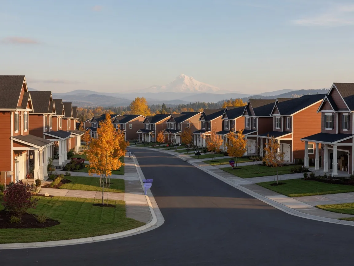 Brand-new craftsman homes along a curving street in the Happy Valley hills in autumn, Mount Hood on the horizon