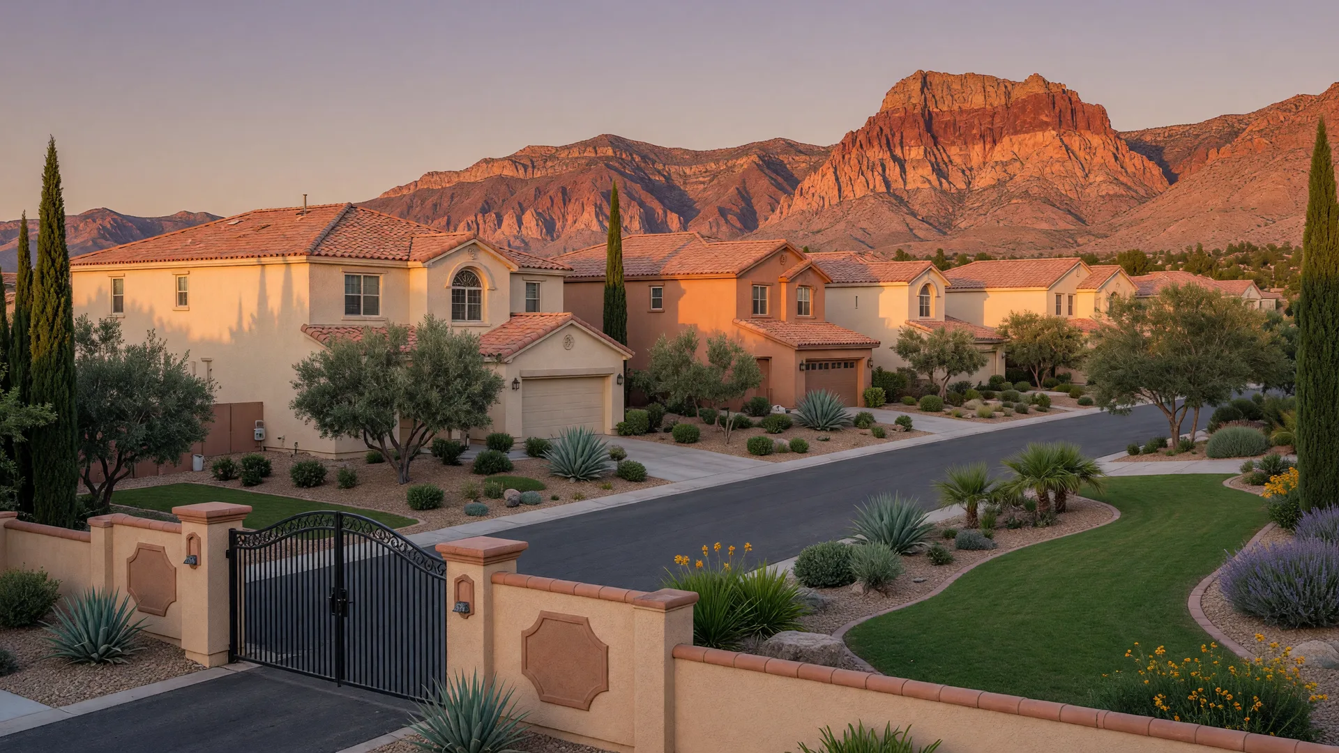 Low-profile single-story stucco homes with tile roofs behind a cast-stone gate wall and greenbelt in a gated Summerlin neighborhood with the Red Rock escarpment on the horizon