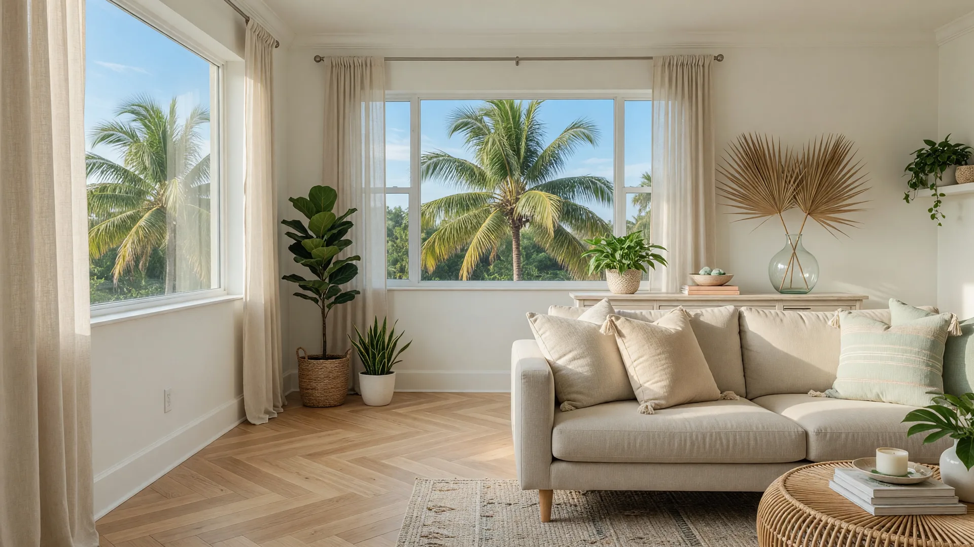 A bright, professionally staged Florida living room with a neutral sofa, large windows, and palm trees visible outside