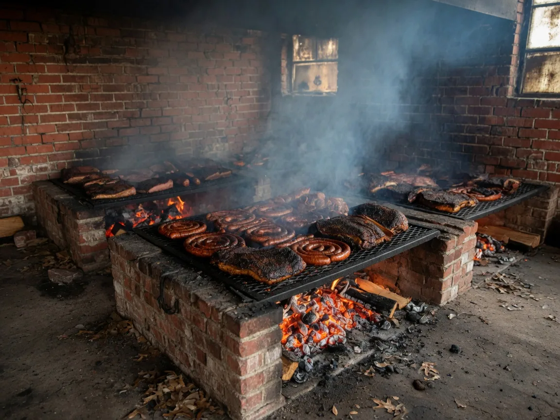 Glowing wood-fired barbecue pits stacked with smoked sausage and brisket inside a historic Lockhart, Texas smokehouse, with post oak coals and drifting smoke