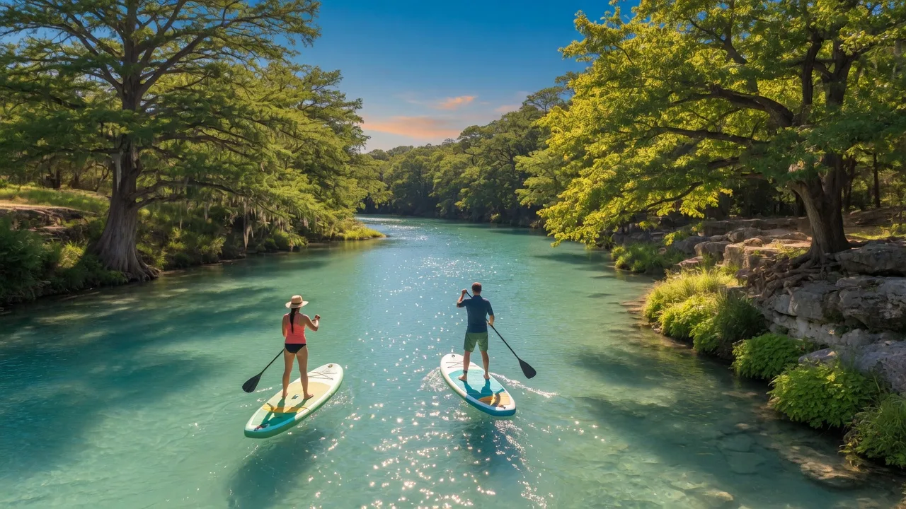 People paddleboarding on the crystal-clear Guadalupe River, surrounded by cypress trees under a bright blue sky