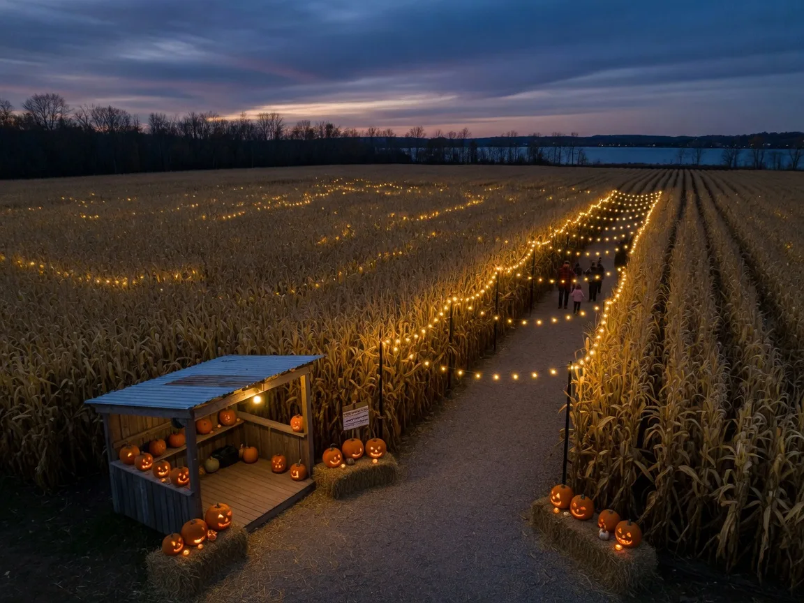 A ten-acre corn maze on an Ontario farm at twilight in late October: tall golden corn rows, warm fairy lights along the entrance lane, carved pumpkins and straw bales by the farm stand