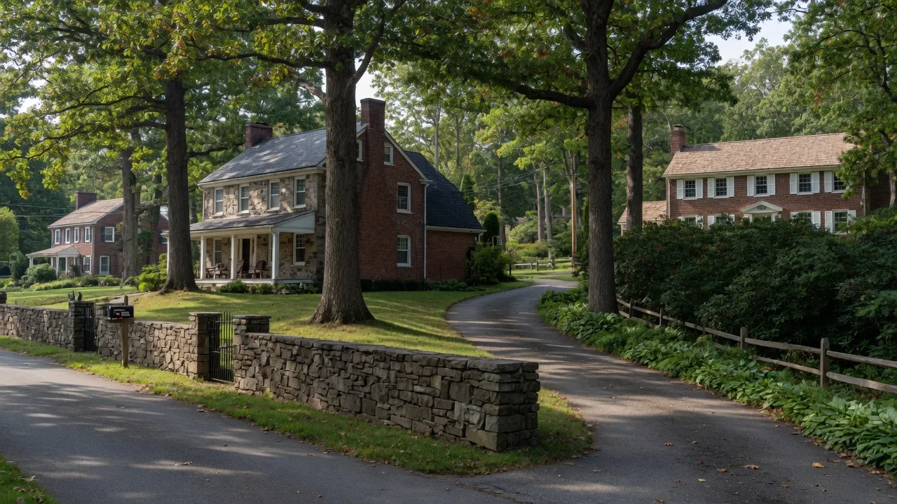 Wooded residential neighborhood in Lower Moreland Township, Pennsylvania with stone homes on tree-filled lots
