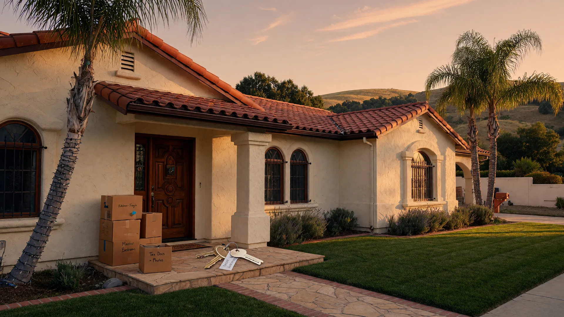 A Murrieta stucco home at golden hour with moving boxes by the front door and brass keys on the stone step, representing a seller who closed the sale and stayed on a rent-back