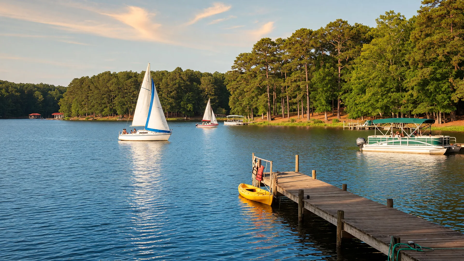 Lake Acworth with sailboats and a wooden dock on a bright summer afternoon, green shoreline and clear blue sky in the distance