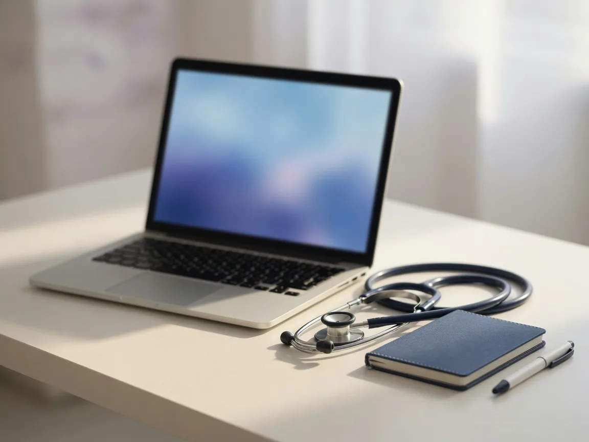 A clean desk with a laptop prepared for a telemedicine visit, with a stethoscope beside it