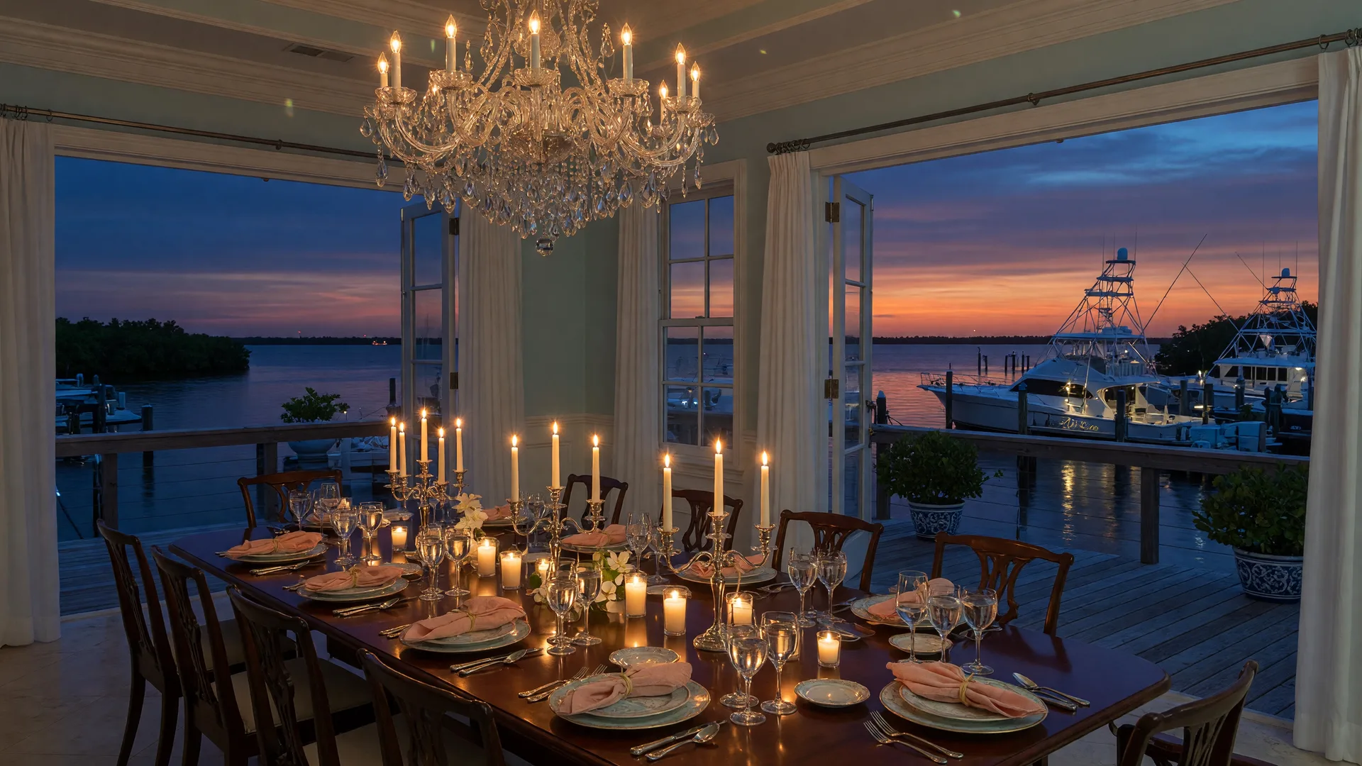 Elegant formal dining room in a Florida Keys waterfront estate at twilight with mahogany table, crystal chandelier, and terrace overlooking a marina with yachts