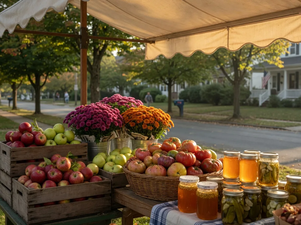 A farmers market stall full of apples, mums, tomatoes, and jars of honey under an awning