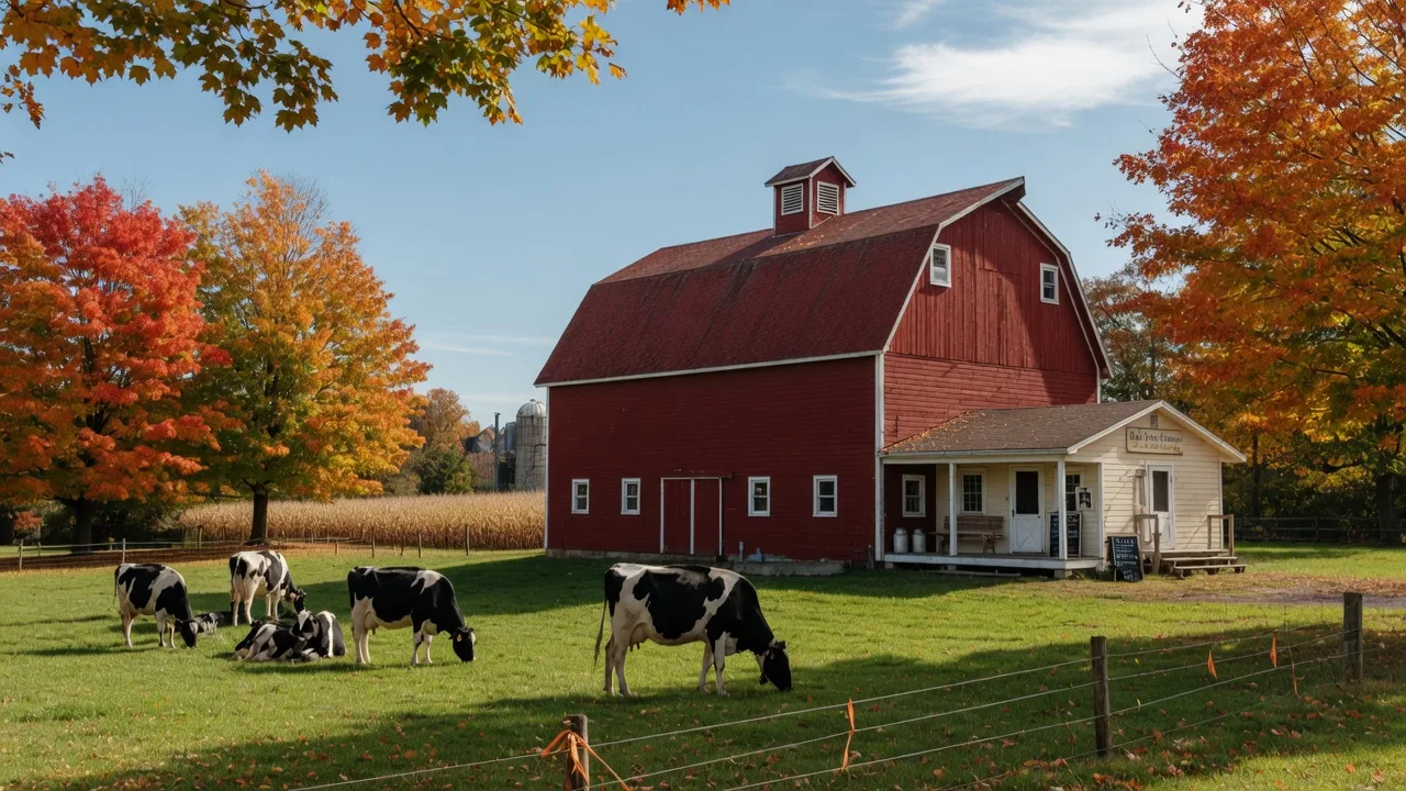 A red dairy barn with a farm creamery store, Holstein cows grazing in a pasture, and autumn foliage at a family-owned Pennsylvania farm