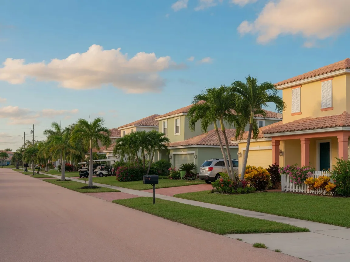 Vecindario residencial tranquilo en Cape Coral con casas modernas y palmeras