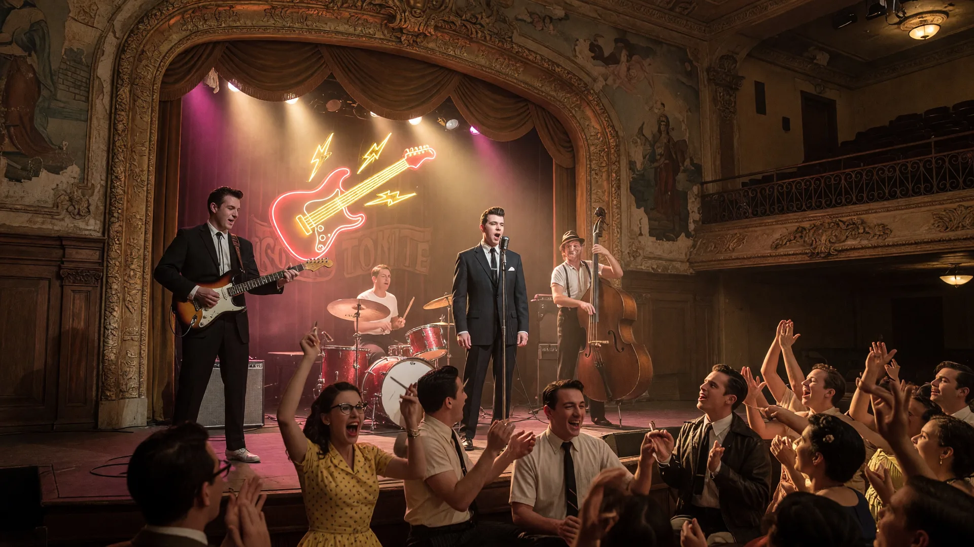 A rock and roll tribute show in a historic municipal auditorium, a four-piece band on stage with a vintage guitar and upright bass, a red and gold neon guitar sign glowing through dramatic stage lighting, an enthusiastic audience in the foreground