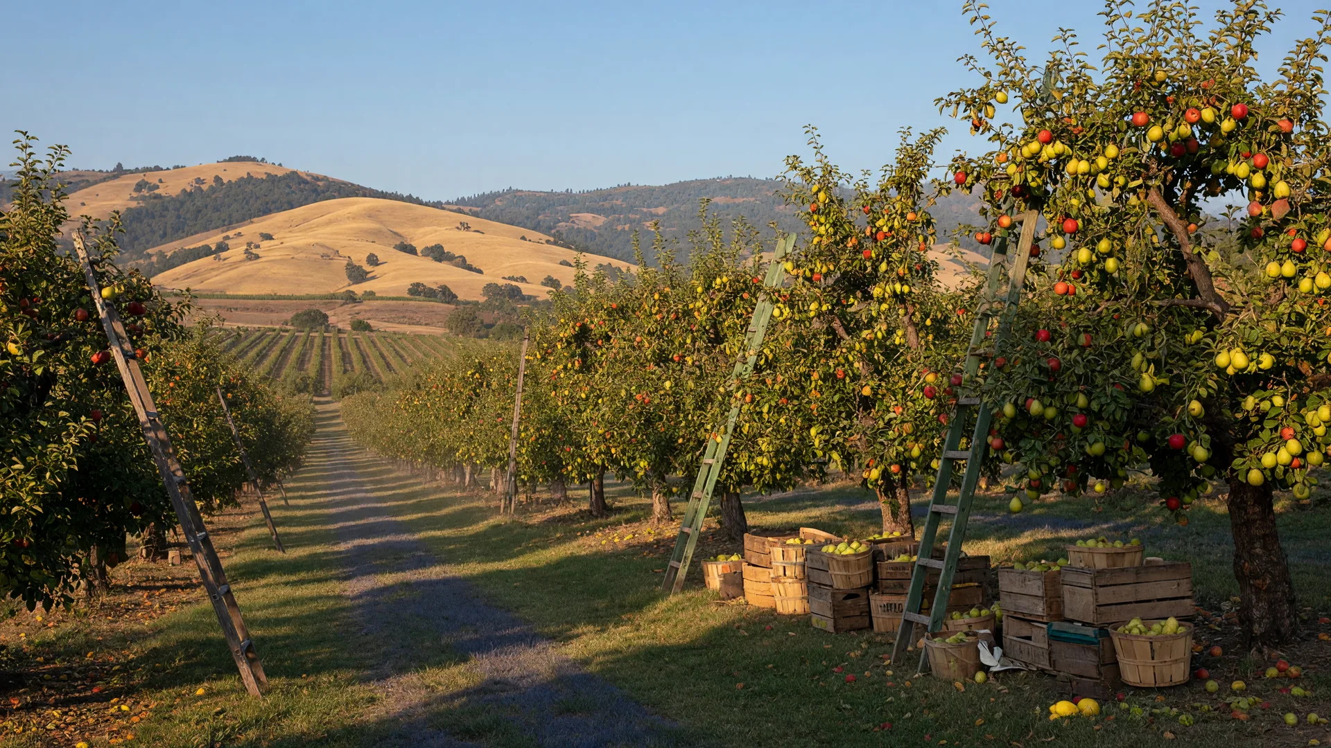 A Southern Oregon orchard in September with rows of pear and apple trees and golden Rogue Valley hills in the distance