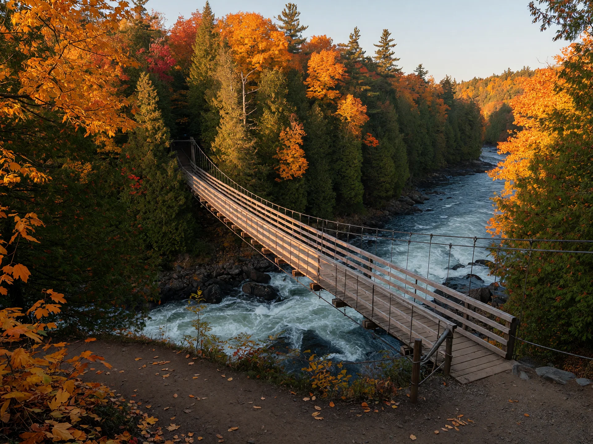 Suspension footbridge spanning a forested river gorge at peak autumn colour with the Trent River running over rapids below