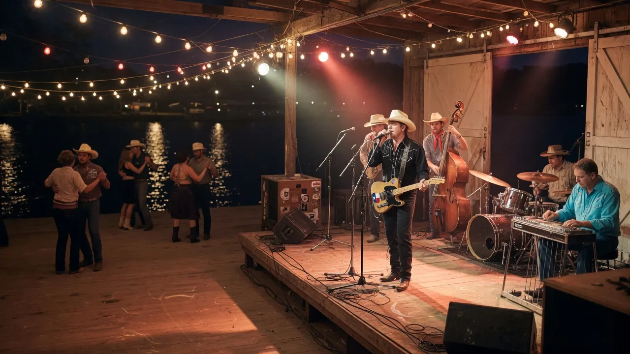 A country band silhouetted on the low stage of a rustic lakefront dancehall at night with string lights and a small dancing crowd