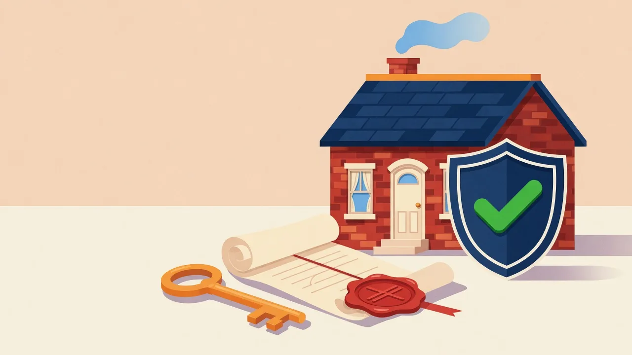 Flat illustration of a red-brick home with a shield and a golden key beside a contract document, in blue and orange