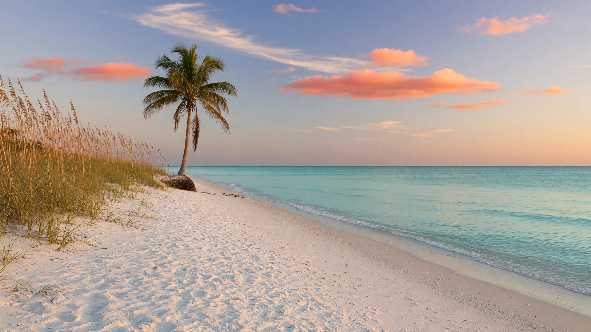 A calm Florida Gulf Coast beach with fine white sand and clear turquoise water at golden hour